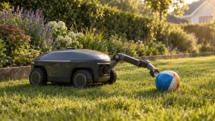 AI-generated illustration of a robotic lawn mower extending a small mechanical arm toward a ball on a lawn (not a photo of any specific product)