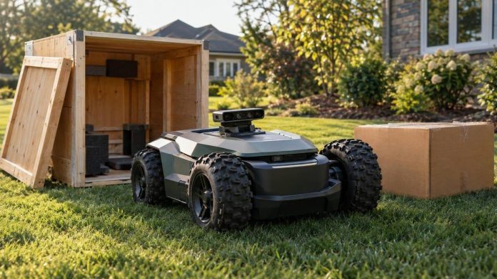 AI-generated illustration of an all-wheel-drive robotic mower next to a shipping crate on a lawn (not a photo of the TerraMow X AWD)